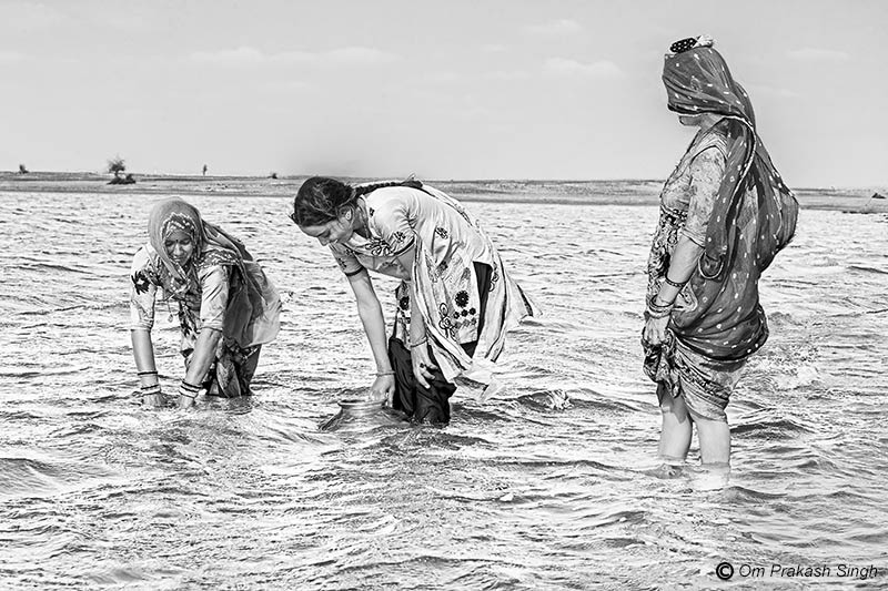 Happily filling pitchers with ‘sweet’ drinking water at Viprasar pond on the outskirts of Netsi village in Thar Desert, Jaisalmer District, Rajasthan, India